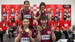 Tリーグ3連覇の日本生命、ホーム貝塚市にV報告　早田ひな「全力で頑張っていきたい」