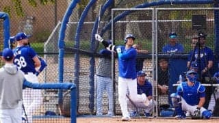 大谷翔平、実戦打撃で豪快スイング　快音出ずも…編成トップご満悦「全て素晴らしい」