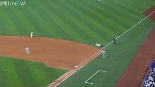 あれ？ ボールはどこに消えた…？「怖すぎる」「ただの災難」 痛烈な“弾丸ゴロ”でミットが吹き飛ばされた瞬間　“メジャー屈指の一発屋”の爆速フルスイングがエグすぎる