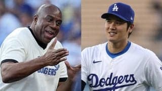大谷翔平とマジック・ジョンソンが“伝説”ツーショット…日米スーパースターが笑顔で握手