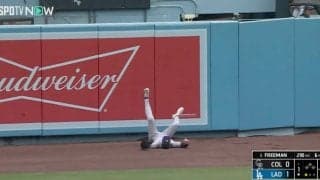 大丈夫か…？ 外野手がフェンス際でぶっ倒れた…！？ 特大アーチをキャッチしたスーパープレーから一転… 絶望リアクションが話題に「惜しすぎる」「落ち込み方ハンパないw」