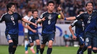 日本代表が主将の一撃で先制に成功！　久保建英の左CKから遠藤航がヘッド