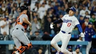 大谷翔平、全力疾走→本塁生還で“手”に注目 SNSも反応様々「結構強めについた？」スライディングの瞬間