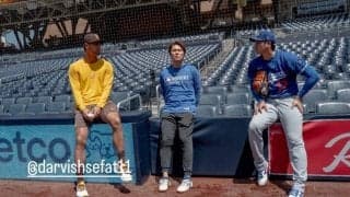 大谷翔平、ダルビッシュ＆由伸と談笑　ライブBP直後…敵地で17分間の“3者対談”