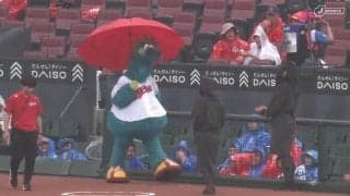 「傘さしてるかわい」雨天のスタジアムに咲く赤い傘？名物マスコットのキュートな姿にファン歓喜