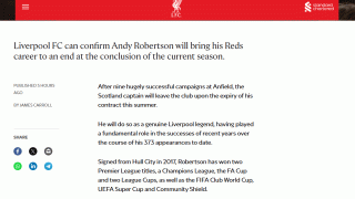 リバプールのスコットランド代表DFロバートソンが今季限りで退団　クラブが公式サイトで発表
