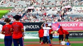 エンゼルス始球式で日本人社長がノーバン投球　菊池雄星らとも交流“バレンタイン”サプライズも