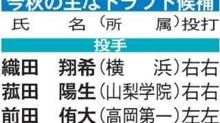 高岡第一・前田侑大、横浜・織田翔希ら今秋の主なドラフト候補／一覧