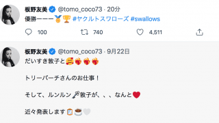 🌈板野友美、Twitterに祝福殺到❣️「優勝ーーー #ヤクルトスワローズ #swallows」