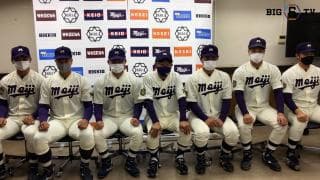 【優勝会見】明治大学　田中武宏監督・村松開人(④静岡)・蓑尾海斗(④日南学園)・蒔田稔(③九州学院)・村田賢一(③春日部共栄)・上田希由翔(③愛産大三河)・宗山塁(②広陵)