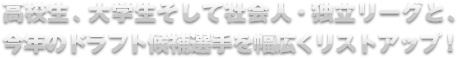高校生、大学生そして社会人・独立リーグと、今年のドラフト候補選手を幅広くリストアップ！